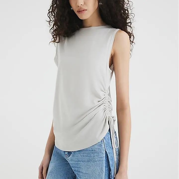 Custom Cream Sleeveless Ruched Drape T-shirt