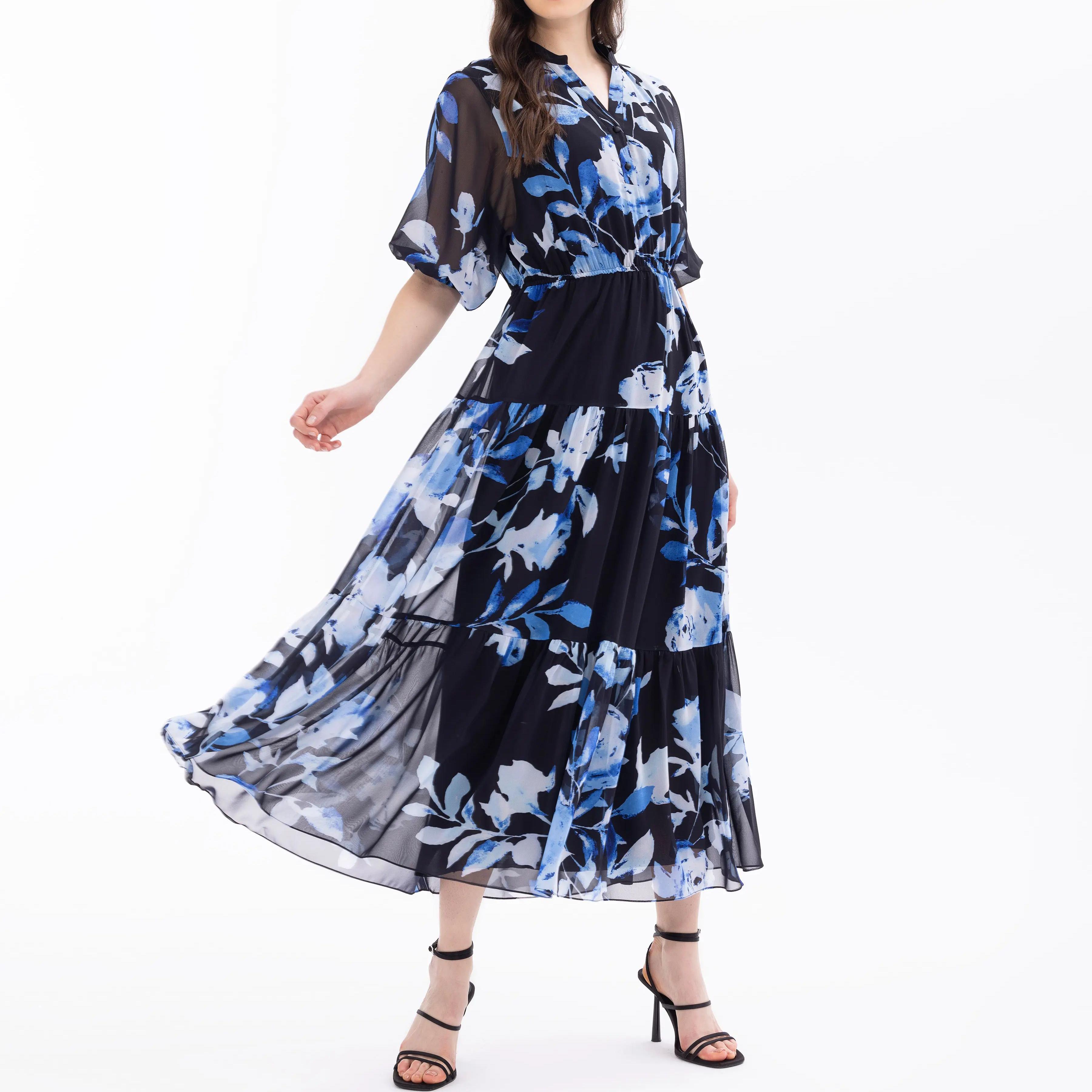 custom floral patterned v-neck balloon sleeve dress
