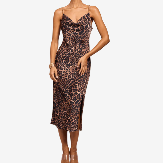 Factory Custom Leopard - Print Spaghetti - Strap Midi Dress with Chain Details