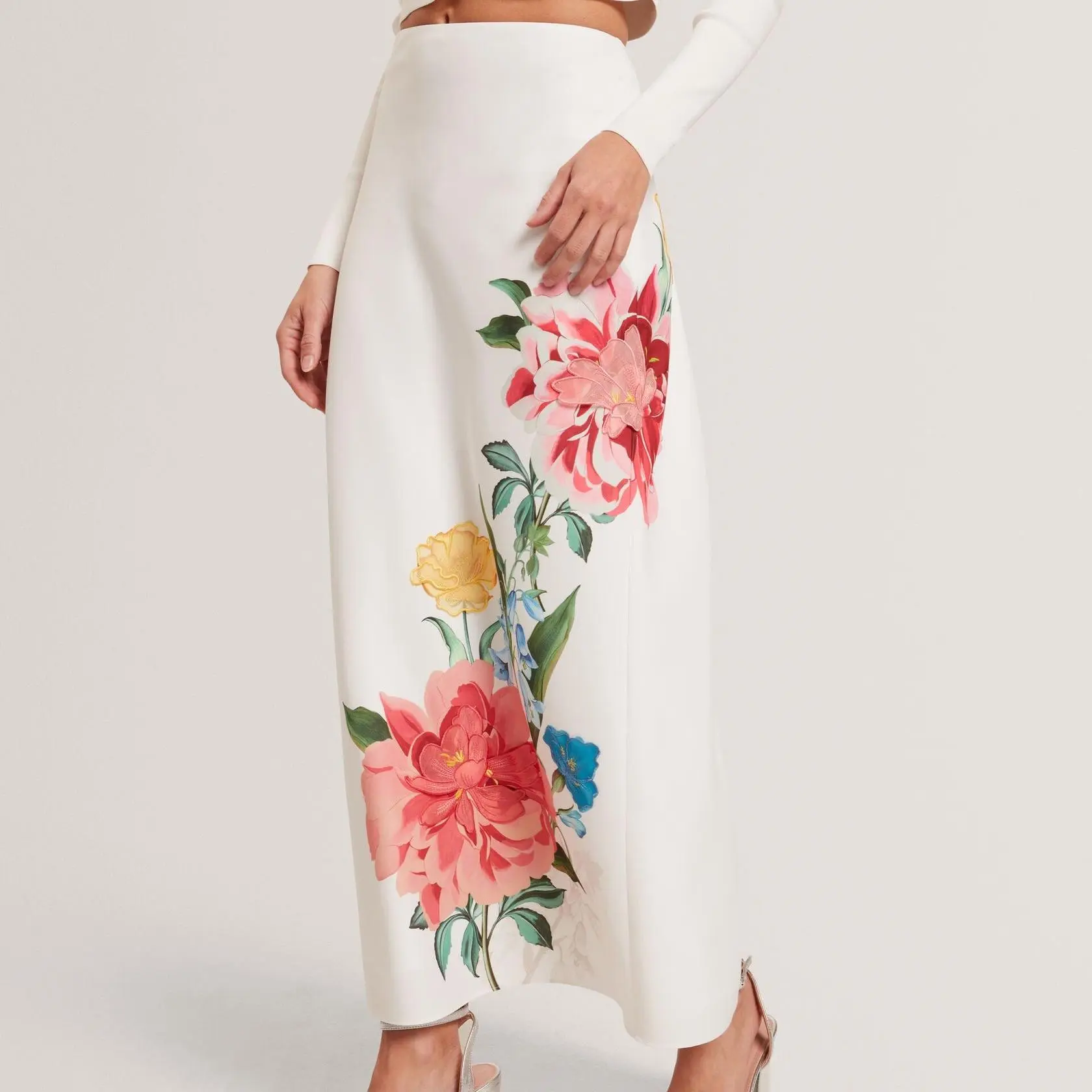 Custom Floral Print Detail Column Midi Skirt