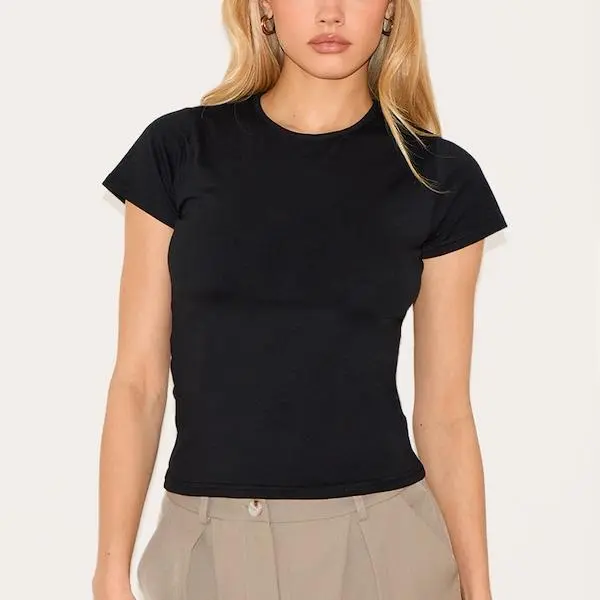 Custom women Basic Black Cotton Blend Fitted Crew Neck T Shirt