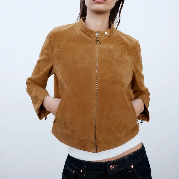 Tan Suede Cropped Biker - style Jacket