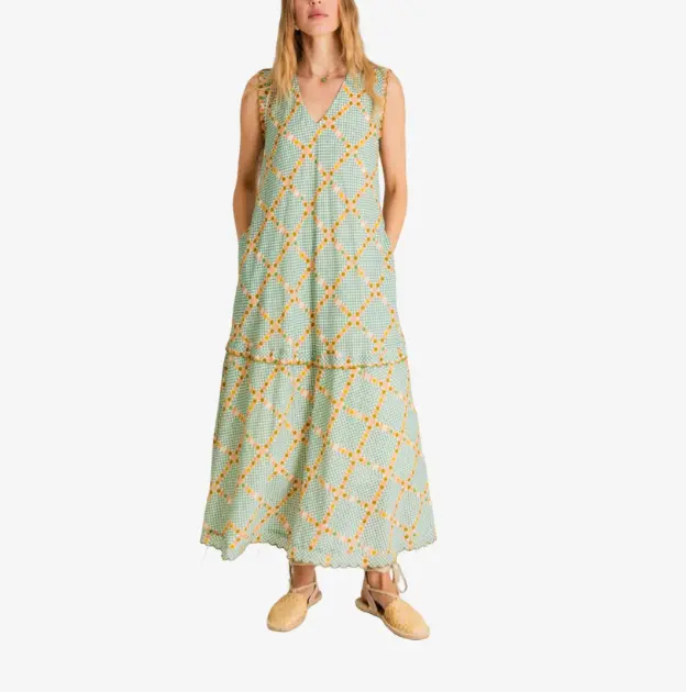 Factory Custom Women's Sleeveless Green and Yellow Checkered Tiered Maxi Dress