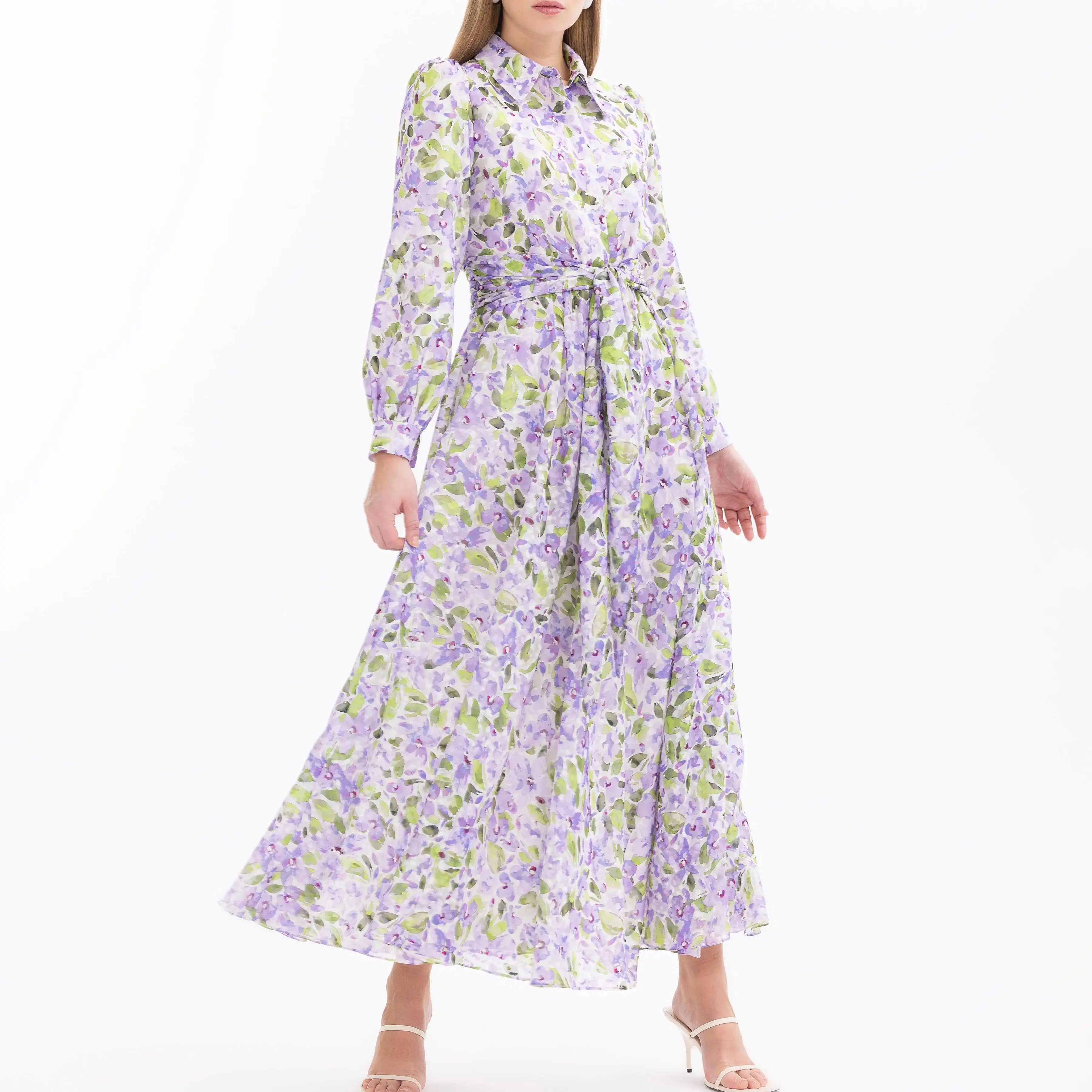 Custom Flower Patterned Long Sleeve Dress