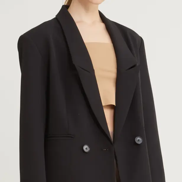 Black Double - breasted Blazer with Back Button Detail