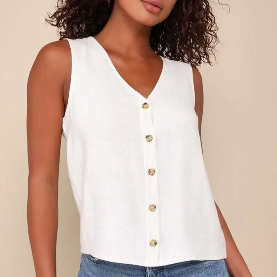 Custom women Casually  Beige Linen Sleeveless Button-Front Top