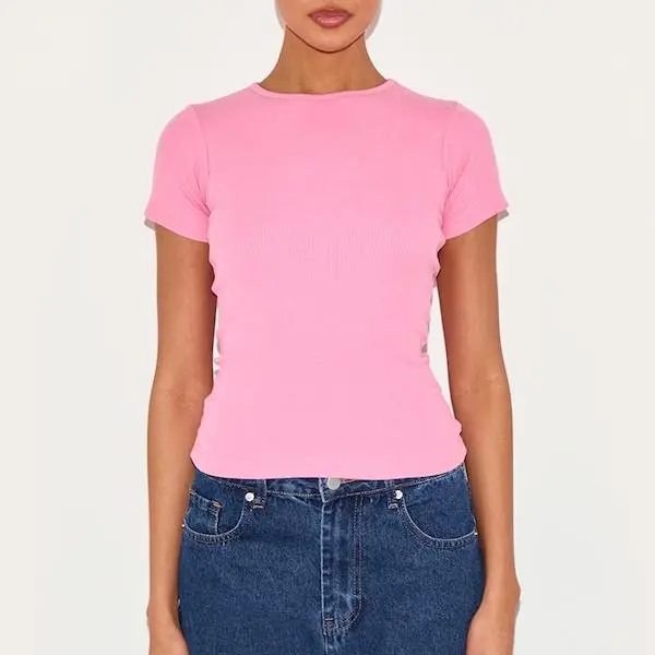 factory custom women Pink Basic Rib Short Sleeve Top