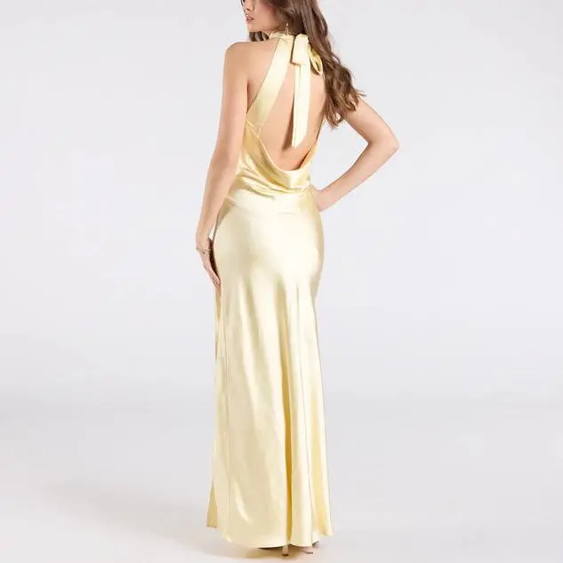 women Halter Open Back Slit Satin long Dress.jpg
