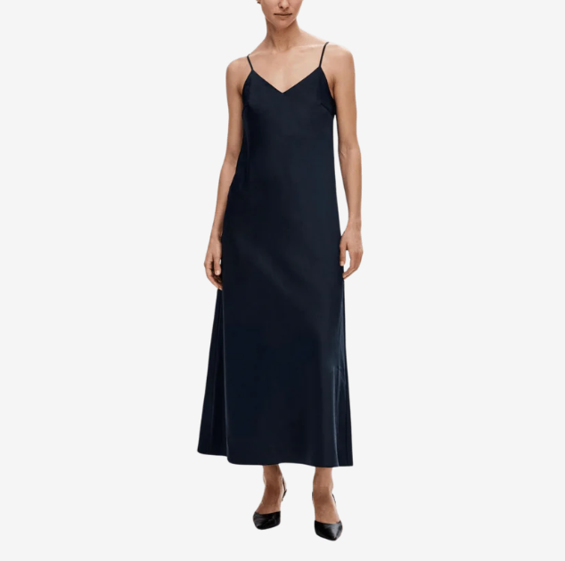 Factory Custom Navy Blue Spaghetti - Strap Satin Maxi Dress