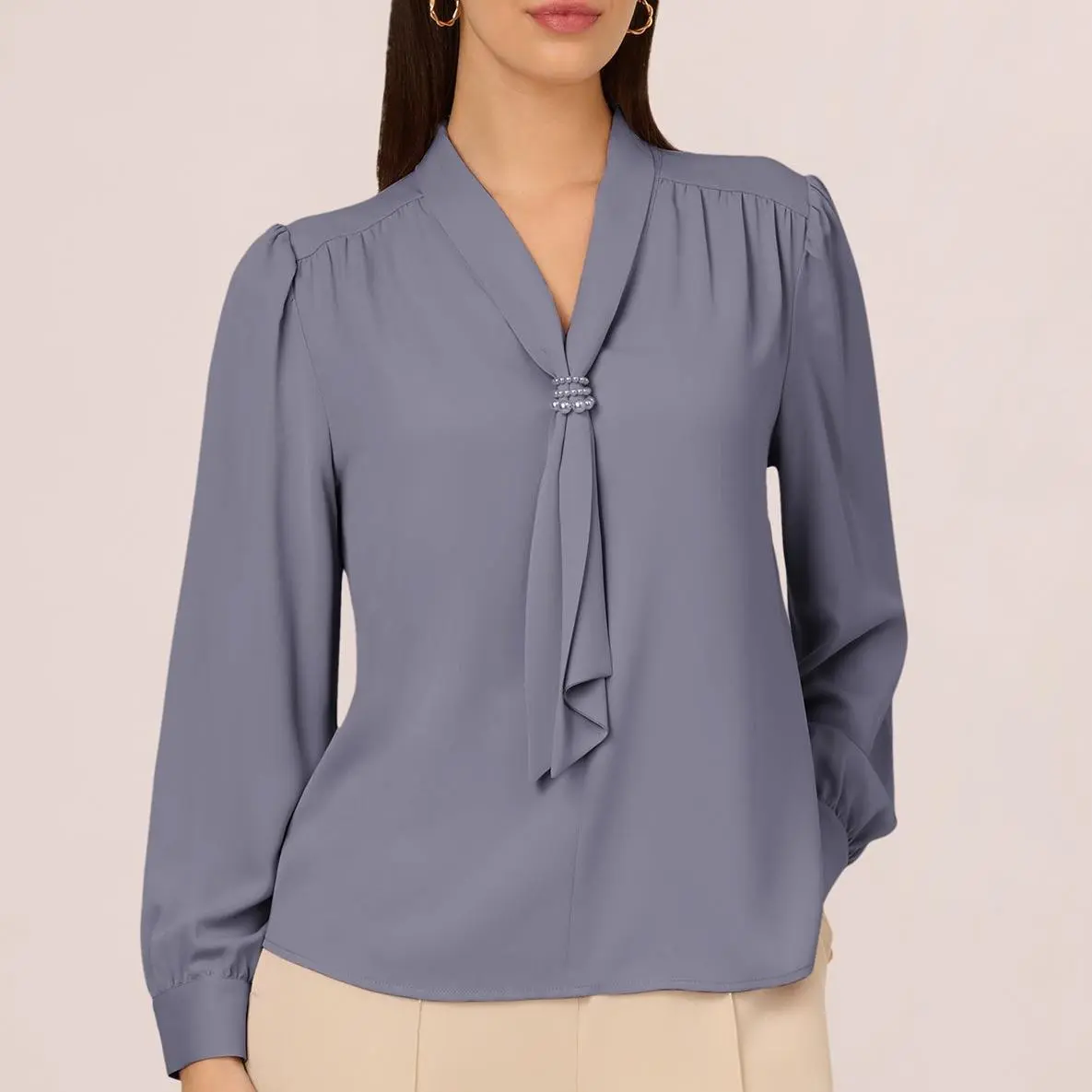 Custom Long Sleeve Embellished Tie Collar Blouse Tops