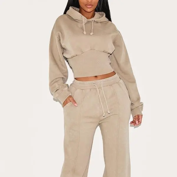 Factory custom women Shape Mocha Sweat Cropped Shirred Waist Hoodie.jpg