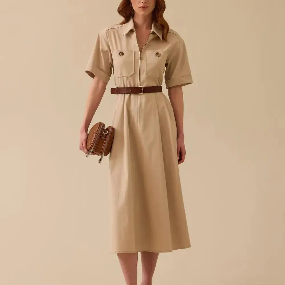 factory custom shirt collar belted zipper dress