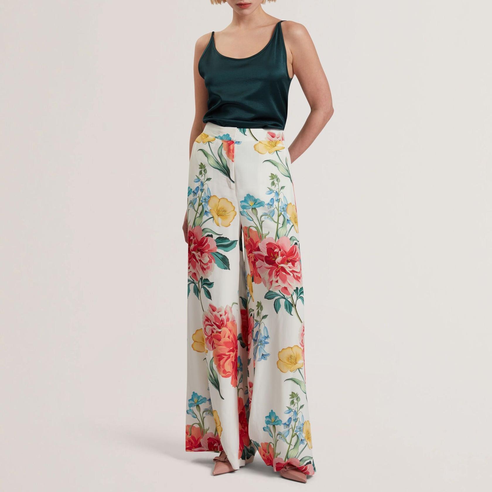 Custom Floral Print High Waisted Wide Leg Trousers