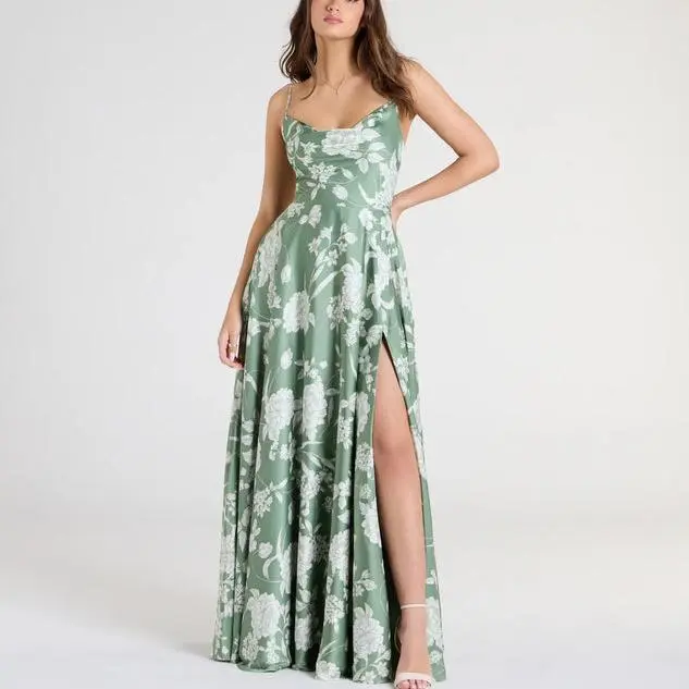 Custom women Lace-Up A-Line Floral Satin Formal Dress