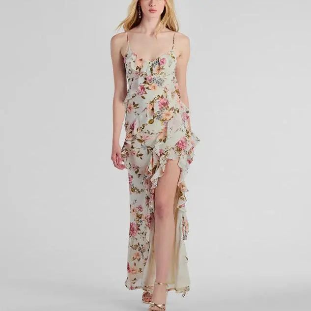 Custom 2025 Latest Design Summer Top Sell V-Neck Ruffled Mermaid Floral Formal Dress