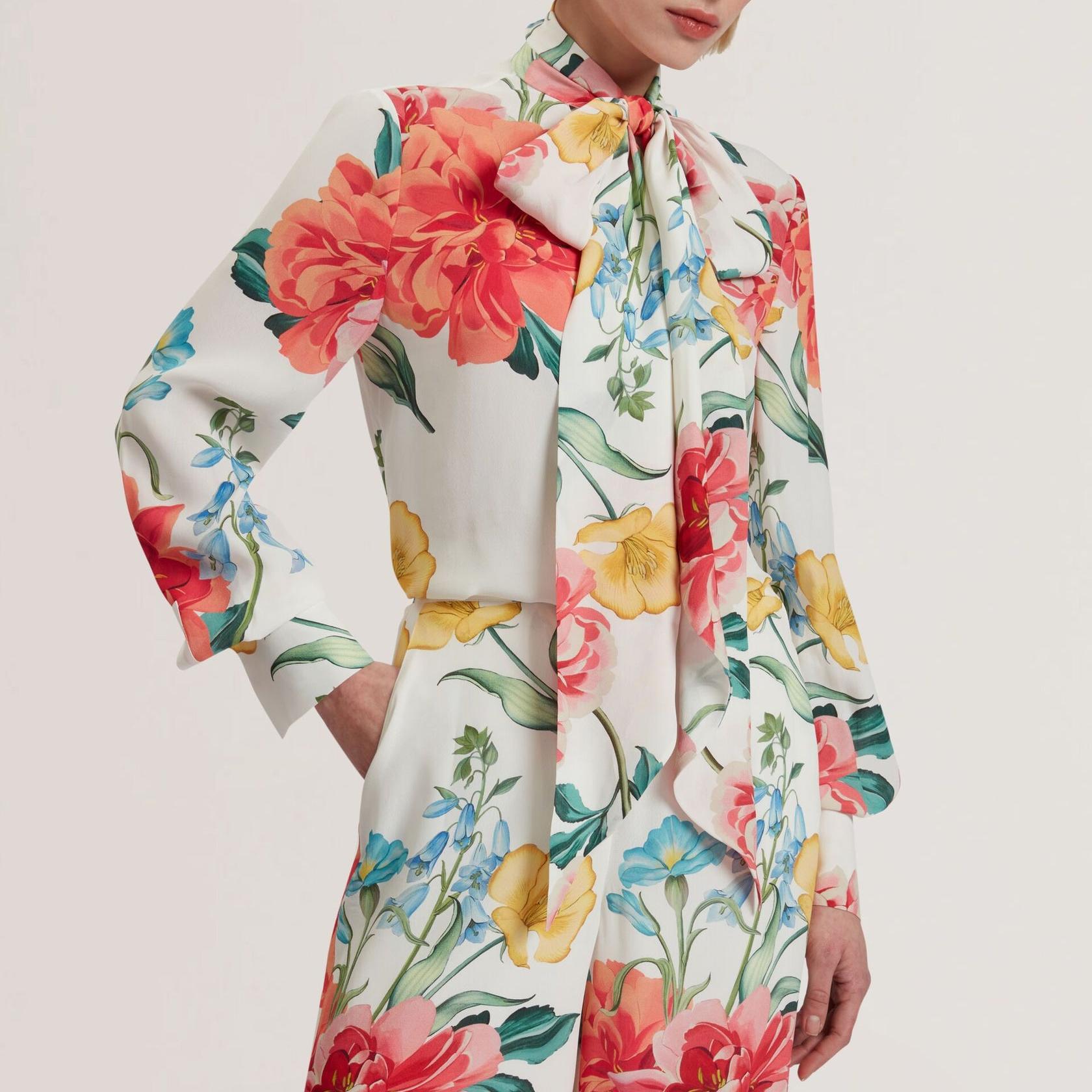 Custom  Floral Print Tie Neck Long Sleeve Blouse