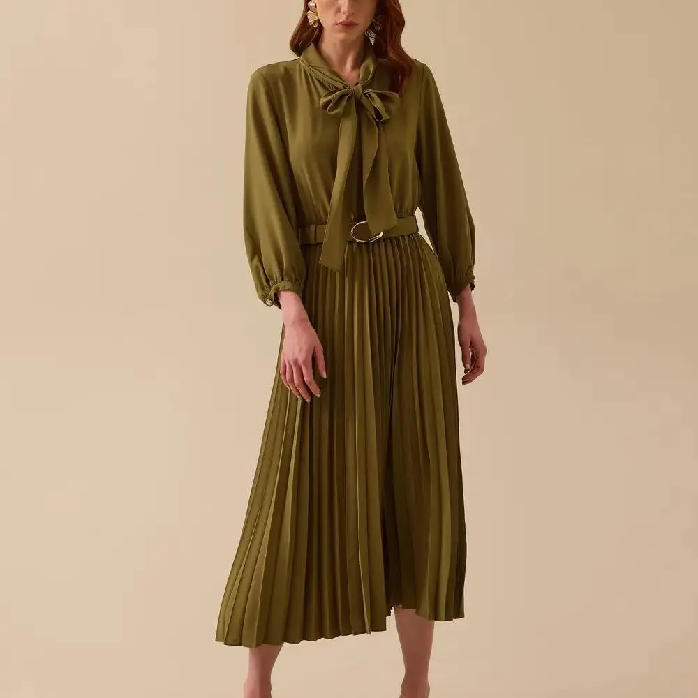 factory custom pleated dress with scarf detail and belt