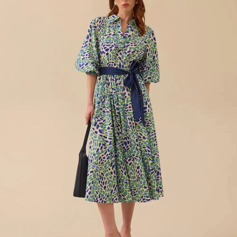 factory custom patterned midi dress with belt detail