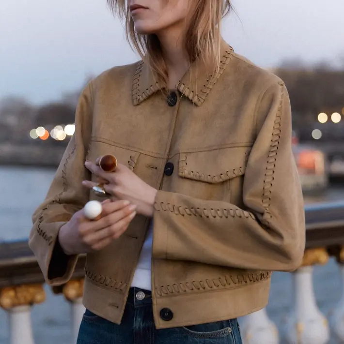 Beige Suede Cropped Jacket with Braided Detailing