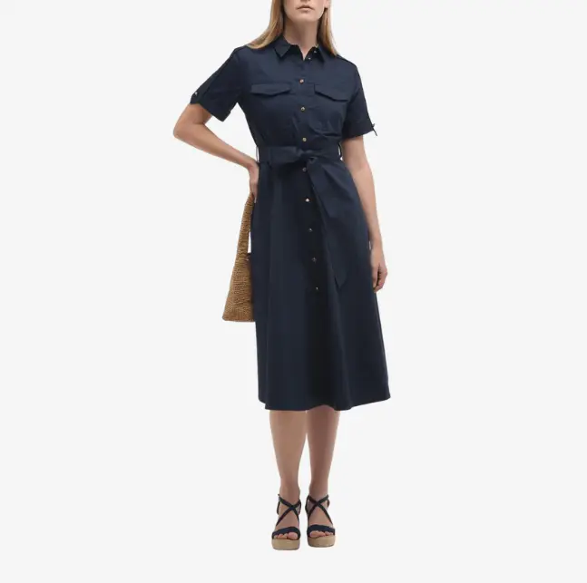 Factory Custom Navy Blue Short - Sleeved Belted Shirt Midi Dress