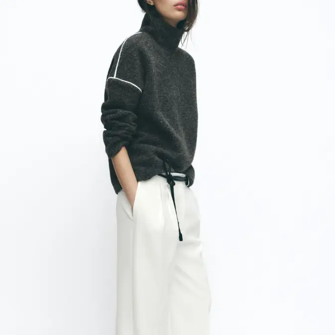 Black Turtleneck Knit Sweater with White Piping