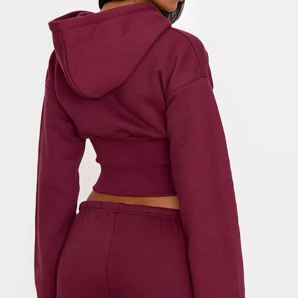 Factory custom women Burgundy Cinched Waist Cropped Zip Up Hoodie.jpg