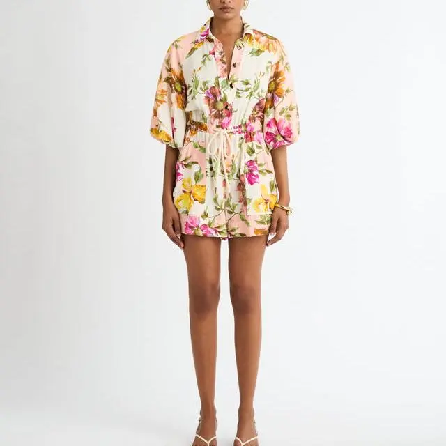 Summer High-Waisted Loose Fit Print Jumpsuits Casual Elegant Short Sleeve Romper for Women