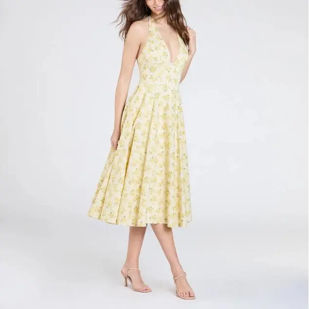 printing Spring Halter Corset Floral Midi  women Dress.jpg