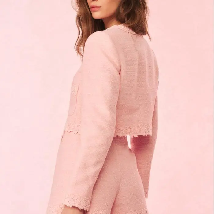 Factory custom women spring pink Tweed Cropped Jacket.jpg