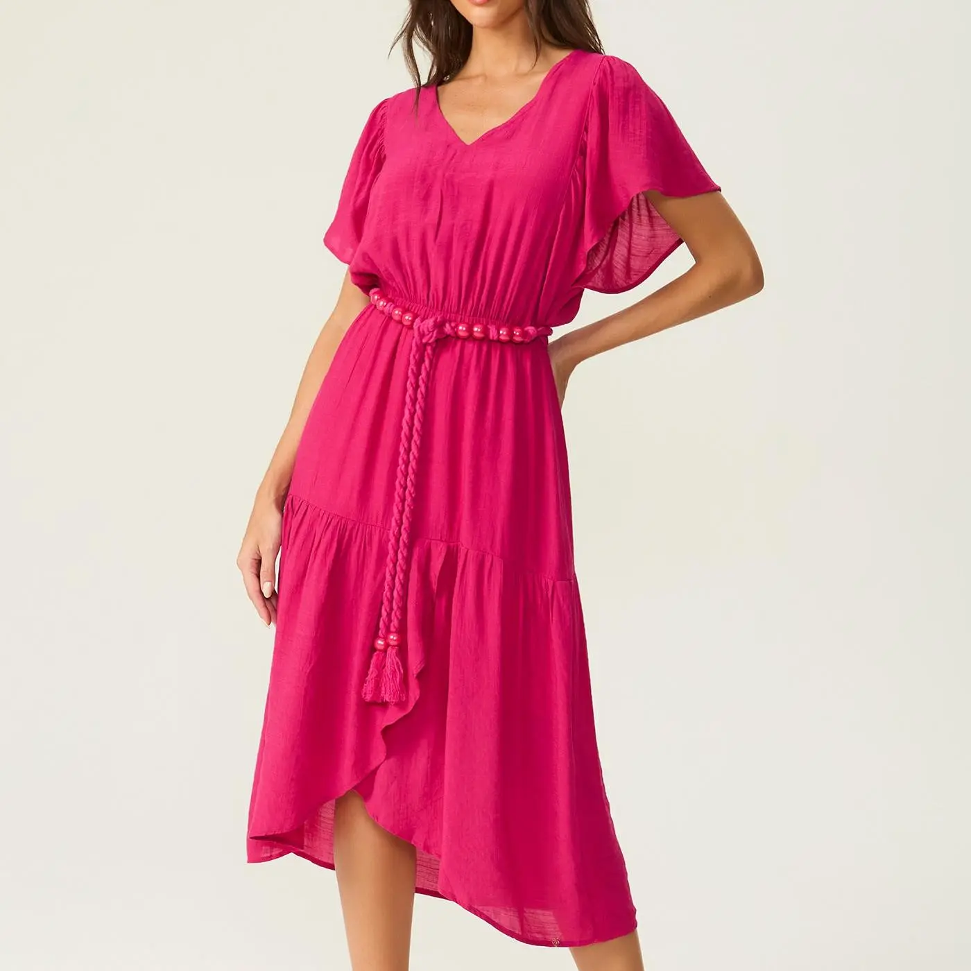 custom Pink V-neck midi dress2