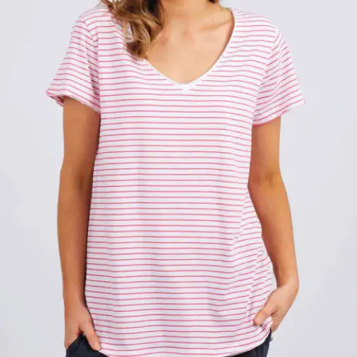 Factory Custom Pink and White Striped V - Neck Short - Sleeve T - Shirt