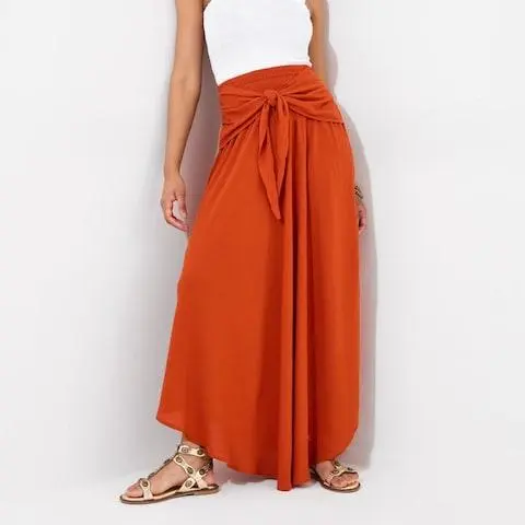 Custom Orange Tie Front Crinkle Maxi Skirt