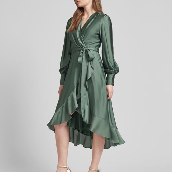 Custom tie belt green cocktail dress