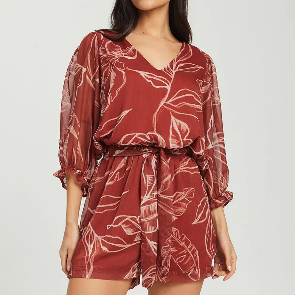Custom Brown wide sleeve printed jumpsuit