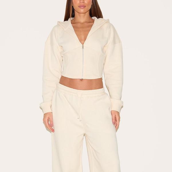 Factory custom Tall Cream Corset Seam Detail Zip Hoodie for women.jpg