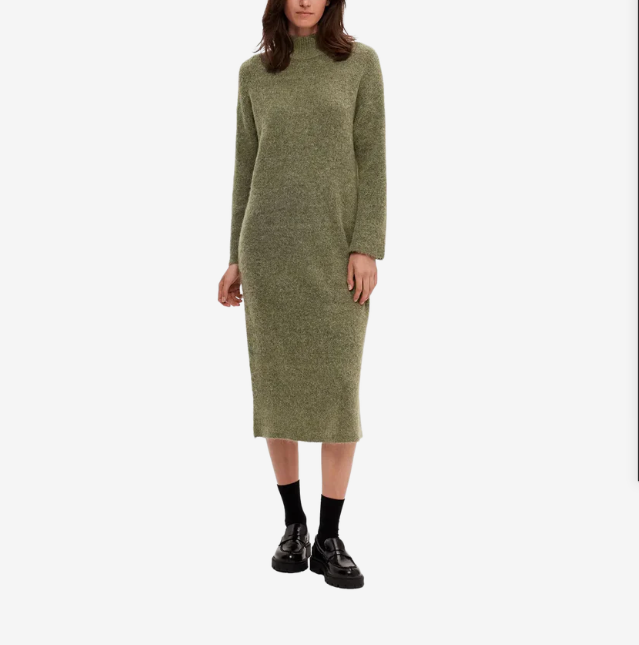 Factory Custom Olive Green Mock - Neck Long - Sleeved Knit Midi Dress