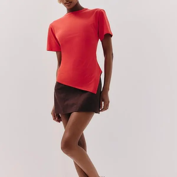 Women custom Red Cotton Ruched Side Asymmetric Hem T-shirt.jpg