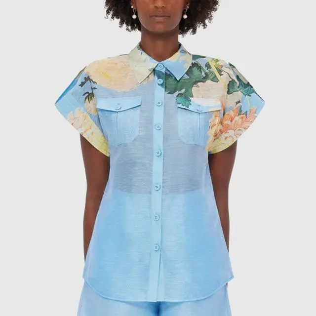 Latest printed blue linen blouses for women fashion