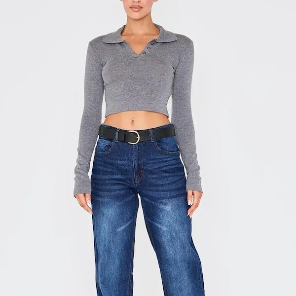 Custom women Charcoal Soft Knit Button Up Polo Top.jpg