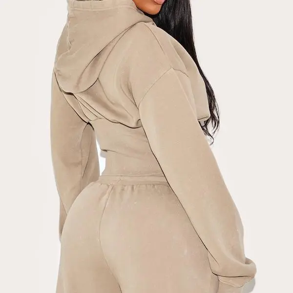Factory custom women Shape Mocha Sweat Cropped Shirred Waist Hoodie.jpg