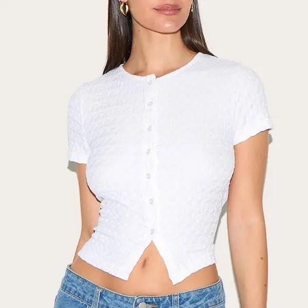 Custom White Textured Button Up Fitted Top for women.jpg