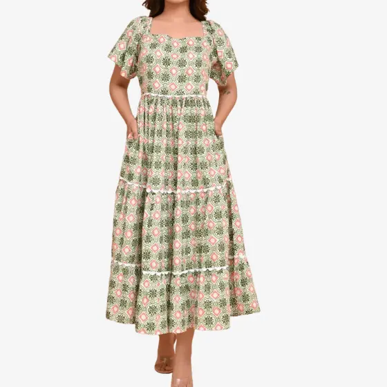Factory Custom Green and Pink Geometric - Patterned Square - Neck Tiered Maxi Dress