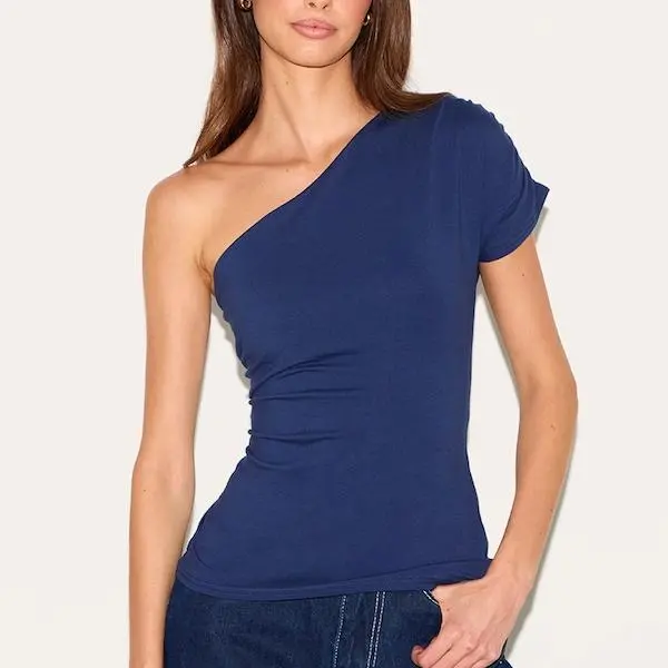 Factory custom women Blue One Shoulder Asymmetric Top