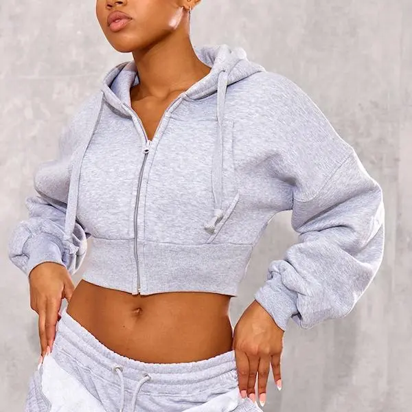 Factory custom Autumn Grey Zip Up Pocket Detail Cropped Hoodie for women