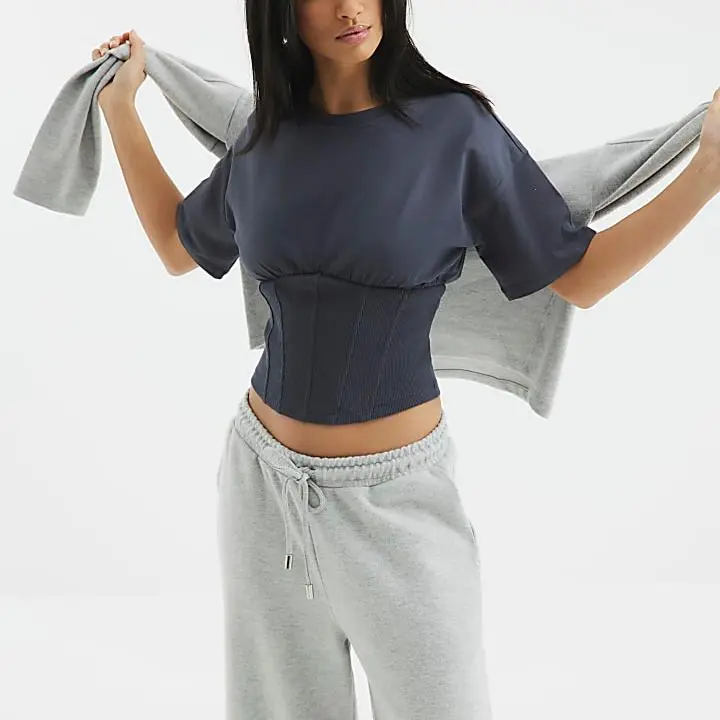 Custom Petite Grey Short Sleeve Corset Hem T-shirt