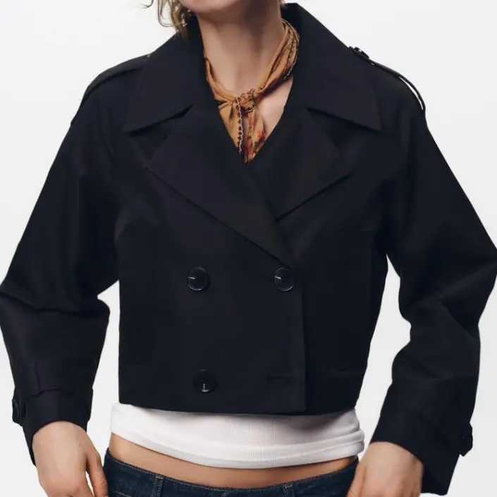 Black Cropped Double - breasted Trench Jacket