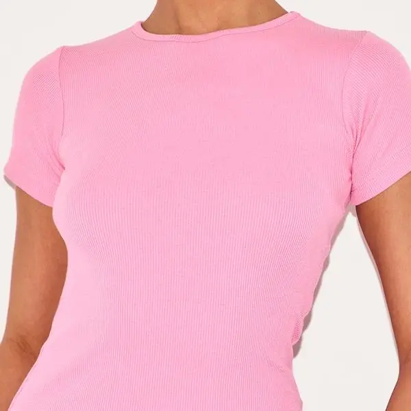 factory custom women Pink Basic Rib Short Sleeve Top.jpg