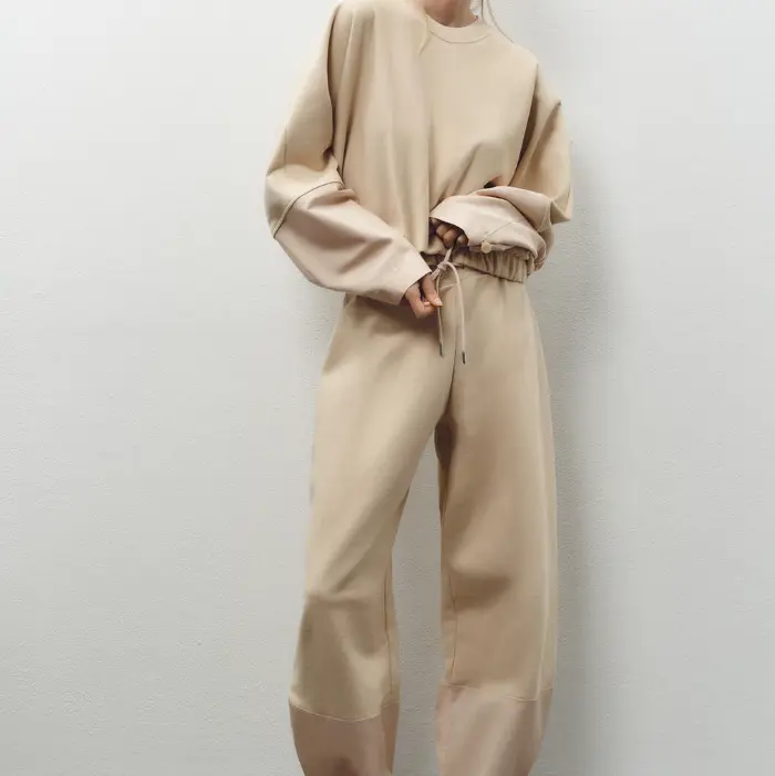 Oversized Beige Crew Neck Sweatshirt Set