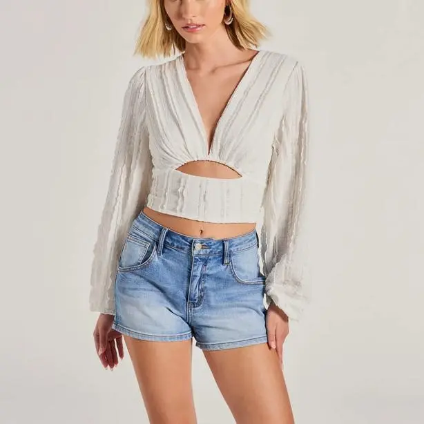 Wholesale custom women Long Sleeve Ruffle Lace Trim elegant blouse