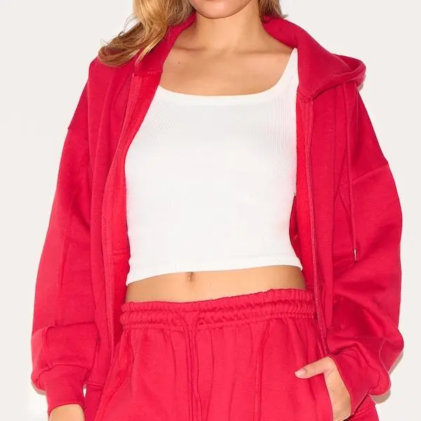 Factory Autumn women Red Oversized Zip Through Seam Detail Hoodie